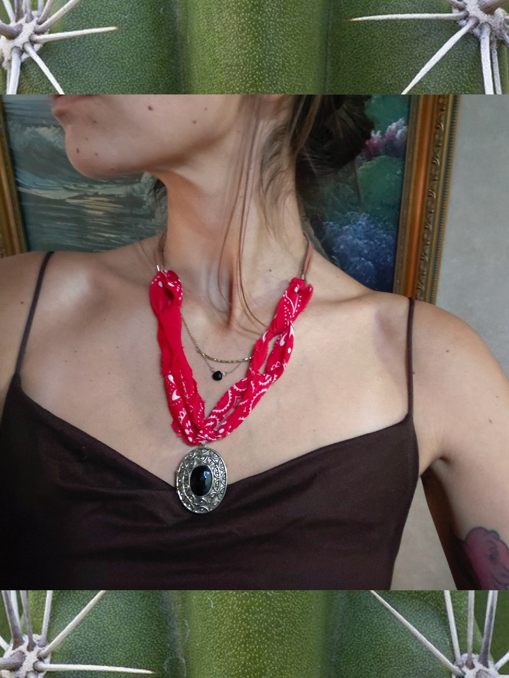 Handmade Vintage Avon Brooch Red Bandana Statement Necklace